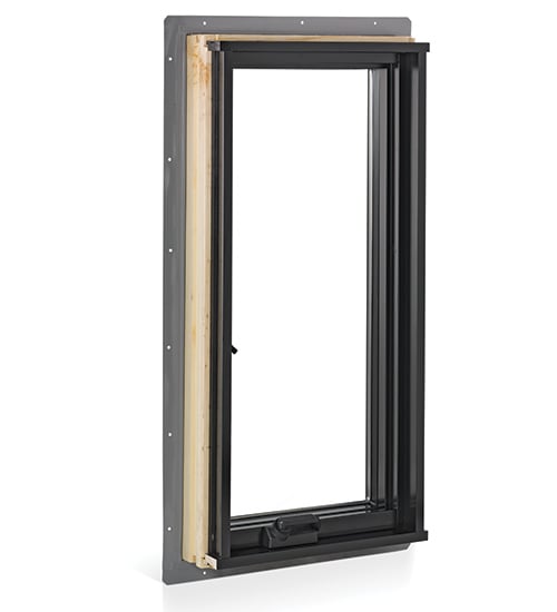 An Andersen flanged full-frame 400 Series Casement Window with contemporary profiles in black with a gray vinyl nailing fin that’s used to install the window and help protect the home against water when installed with water management flashing materials. 