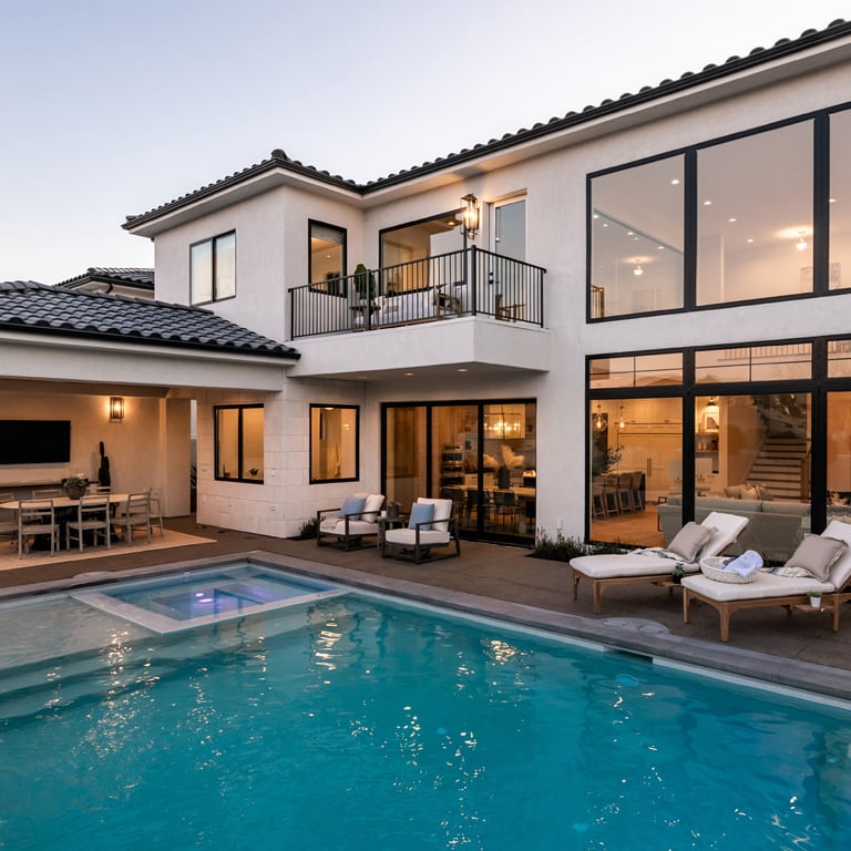 An outdoor dining area next to an underground pool with large, black windows and doors allowing deck access
