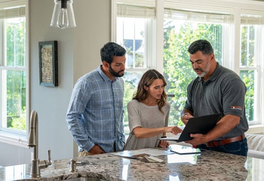 homeowners and contractor going over pricing in kitchen